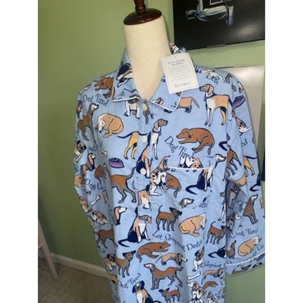 Pajamagram NWT Large Nightgown Dog Print Blue Flannel Long Sleeve Sleepwear - Picture 2 of 4